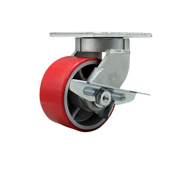 6'' Extra Heavy Duty Red Poly on Cast Iron Wheel Swivel Caster with Brake